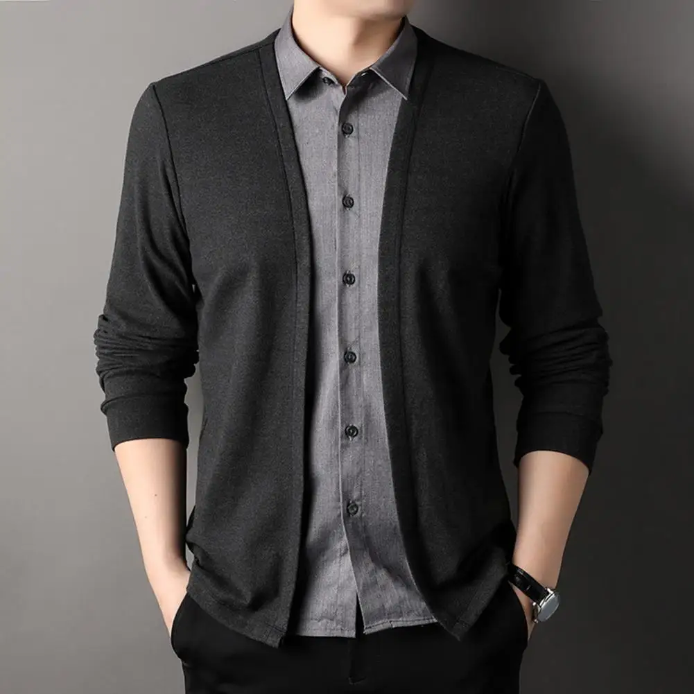 Camisa de punto falsa de dos piezas para hombre, cárdigan informal de manga larga con cuello vuelto y botonadura única, suéter Formal de negocios