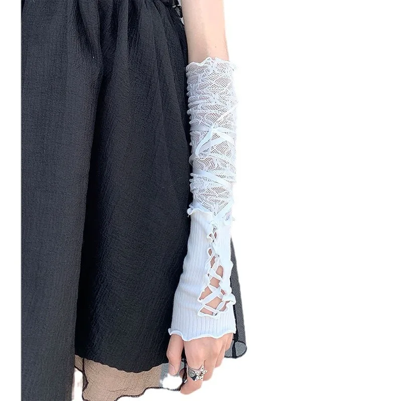 2025, Halloween-Accessoires, Lolita-Handschuhe, Ballett-Stil, weiße Spitzenärmel, Damen, dünn, Sommer, Sonnenschutz, würziges Mädchen mit Riemen