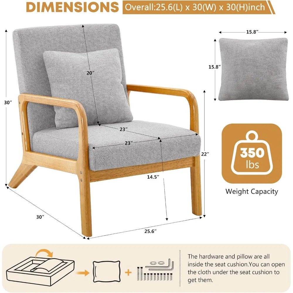 

Mid-century Modern Style Armchair with Lumbar Pillow, Upholstered Armchair, Comfortable Reading Chair with Linen