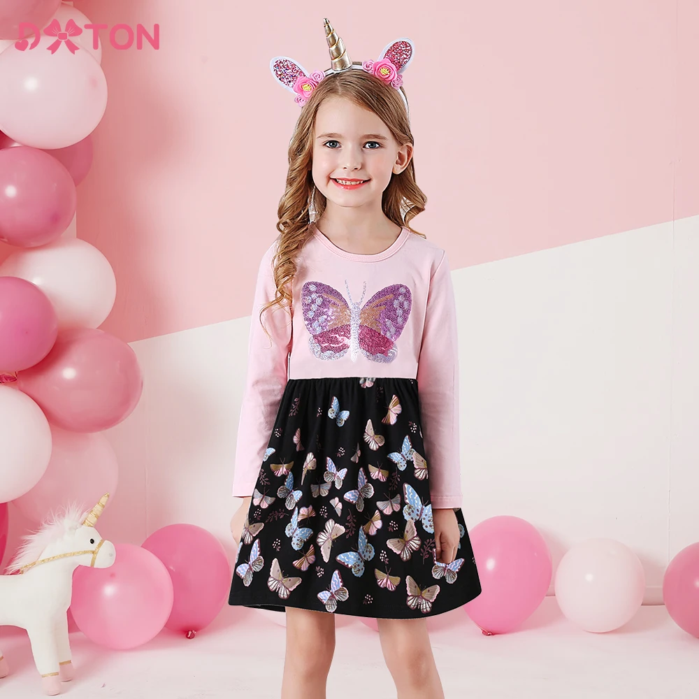 DXTON Girls Butterfly Sequins Appliqued Dress Kids Cotton Casual Long Sleeve Autumn Spring Dresses Children Clothes 3-8 Years