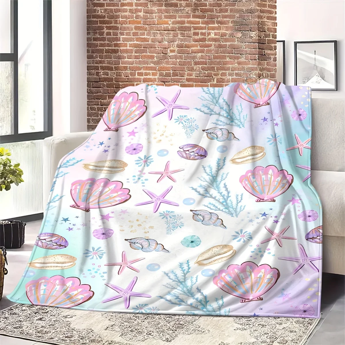 Cozy Luxurious Flannel Throw Blanket, Fleece with Vibrant Underwater Elements in Mixed Colors with Seashells, Starfish