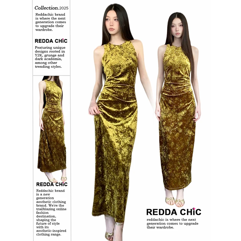 

ReddaChic Women Velvet Tank Cheongsam Slim Stretch Floral Gold Shirred Split Maxi Long Qipao Dress Fall Party Vintage Clothes