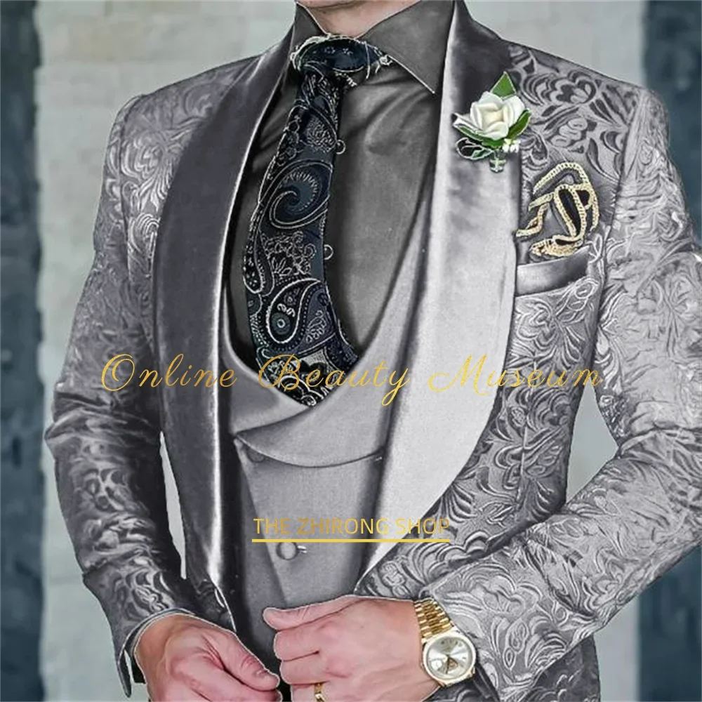 Premium Men's 3-Piece Suit Jacket Vest Pants Jacquard Set Wedding Groom's Party Dress Formal Attire Elegant Customized Tuxedo