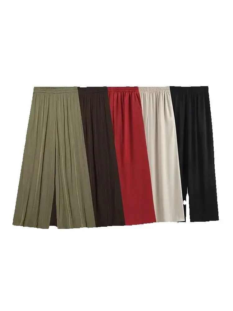 2025年春 レディースファッション 春秋新作 無地 フォールドシック 女性用 伸縮性ハイウエスト ワイドレッグパンツ