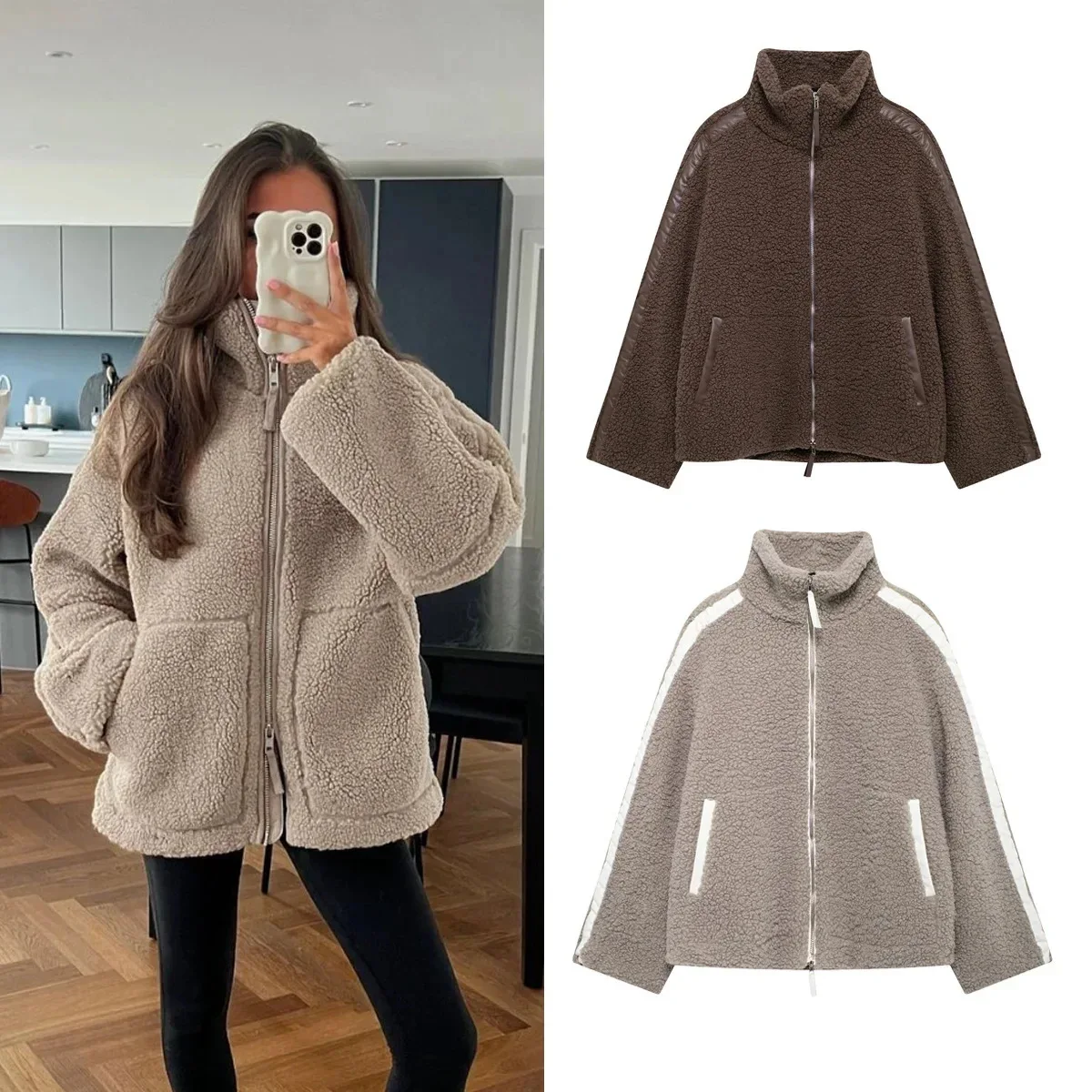 

Fleece Women's Autumn Jacket Stand Collar Zipper Fly Big Pockers Lady's Lamb Coat Thickened Thermal Coat Casual For Female