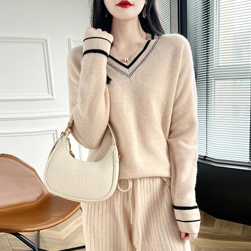 Autumn Winter Women's Pullovers V-neck Cashmere Sweater Casual Color Blocking 100% Merino Wool Knit Sweater Long Sleeve Clothing