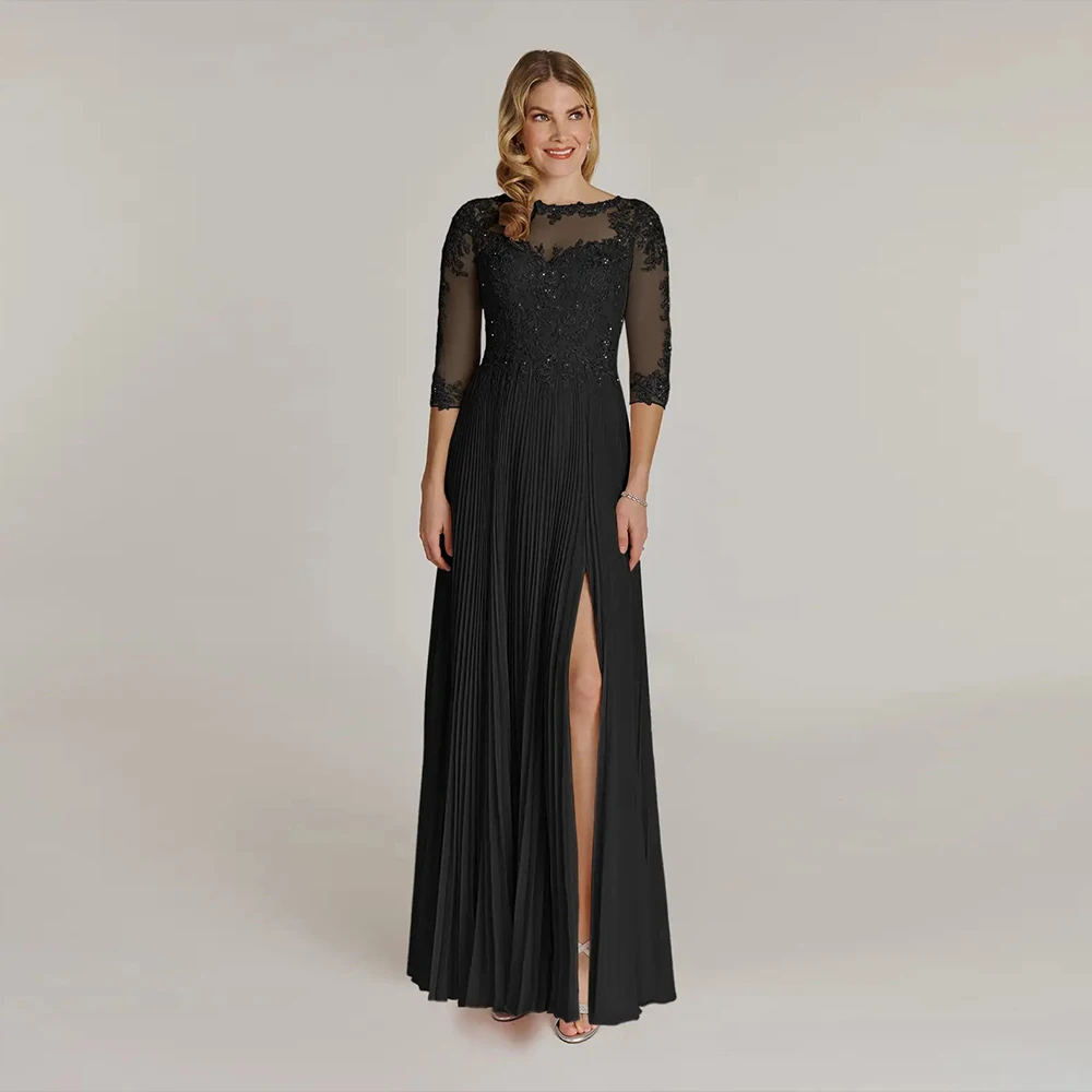 

Black Side Slit Mother of Bride Dresses for Women Three Quarter Wedding Party Dresses with Lace Scoop Robe De Soirée New Summer