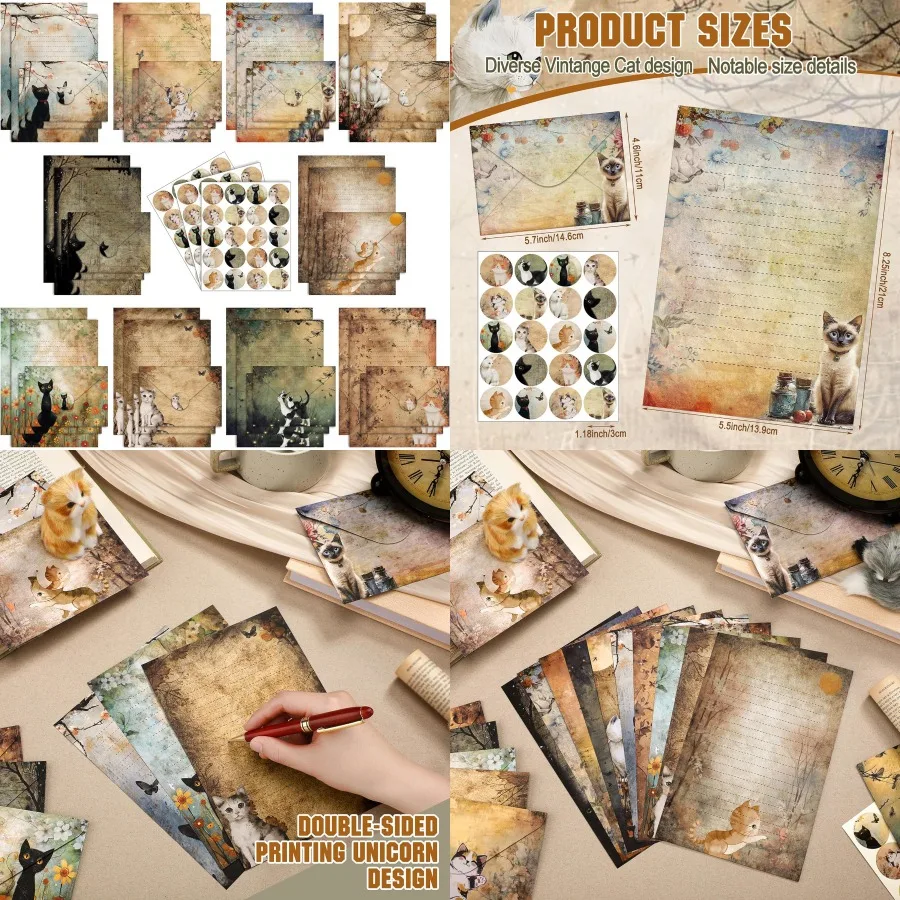 

160 Pcs Stationery Paper Set with 50 Double Sided Papers 50 Matching Envelopes and 60 Round Dot Stickers in 10 Designs Cat Them