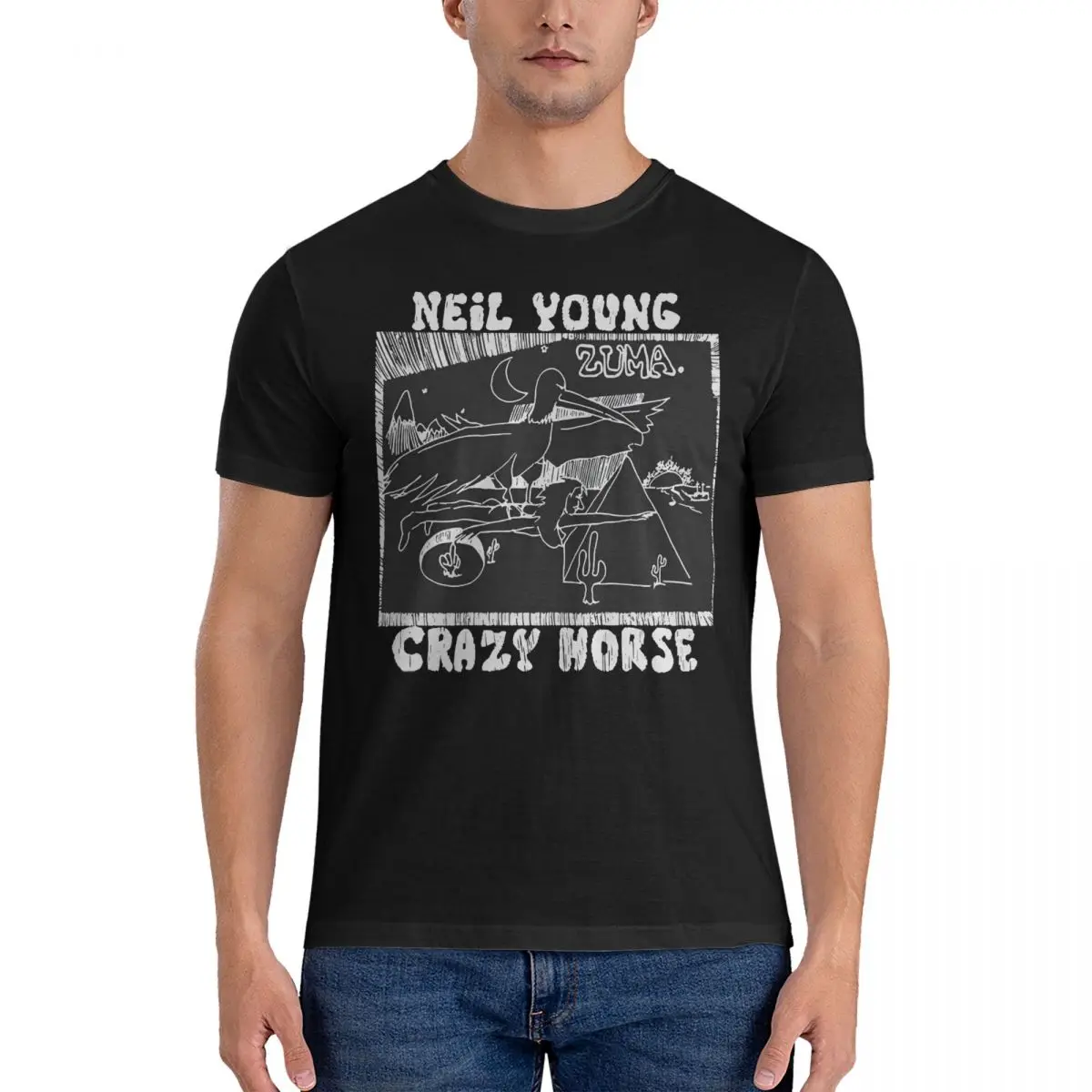 Men Doodles Typorgraphy Horse 70S Zuma T Shirt Neil Young Cotton Clothes Novelty Short Sleeve Crewneck Tees 4XL 5XL T-Shirts