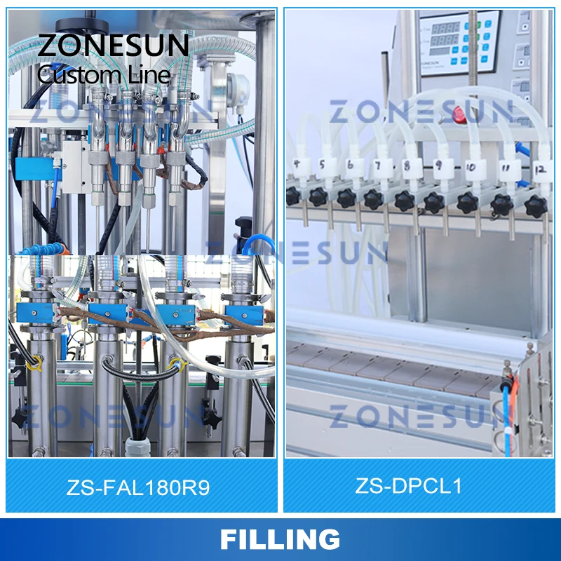 ZONESUN خط إنتاج مخصص معجون السائل التدفئة ملء الشد السد آلة وضع العلامات على الزجاجات المستديرة ZS-FAL180R9/ZS-DPCL1