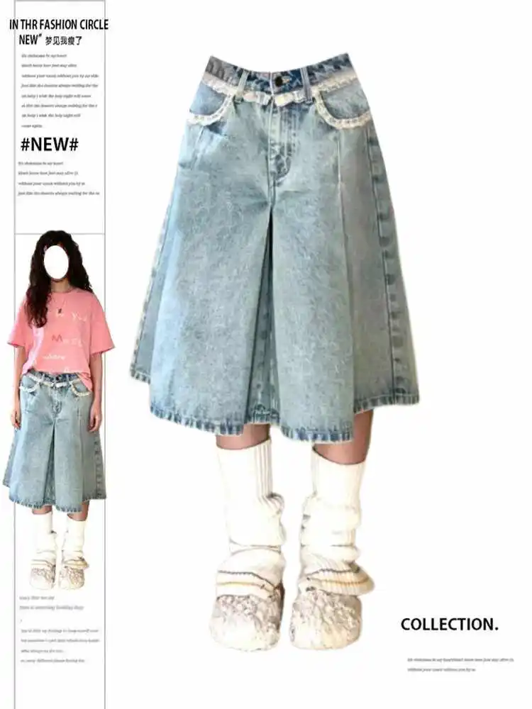 Summer Women Abi Harajuku Lace Jorts Wide Leg Jeans Shorts Kpop 2000s Stylish Denim Pants Grunge Y2k Japanese Streetwear Hip-pop
