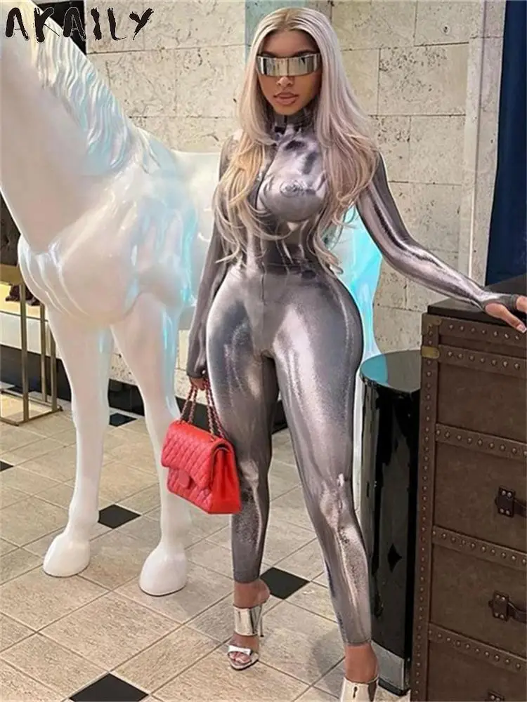 

Akaily Fall Gray Print Long Sleeve Bodycon Jumpsuits Street Causal Outfits For Women 2023 Fashion Tracksuit High Waist Jumpsuit