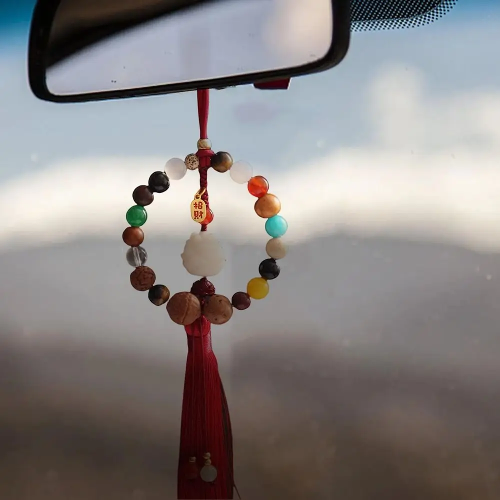 Wood Carved Bodhi Car Rearview Mirror Pendant Bead Tassel Lotus Statue Car Pendant Classical Fengshui Lucky Car Hanging Ornament