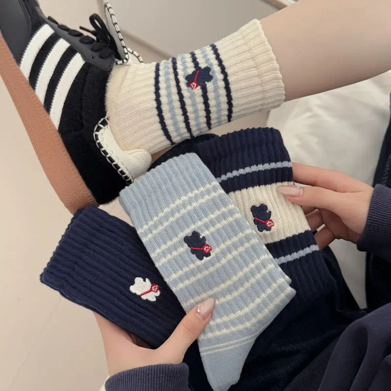 

4 Pairs 2025 Fall New Women's Striped Embroidered Korean-Style Mid-Calf Cotton Socks Thermal Socks Woman Grip Socks High Quality