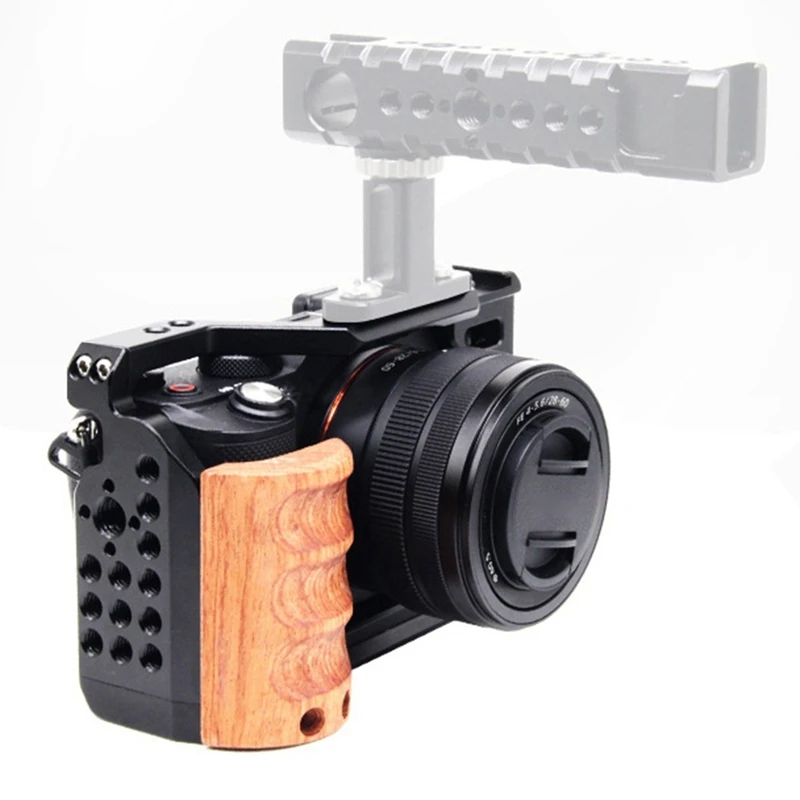 Camera Cage For Sony A7C Camera With Wooden Handle Protection Frame Housing Cage Handle