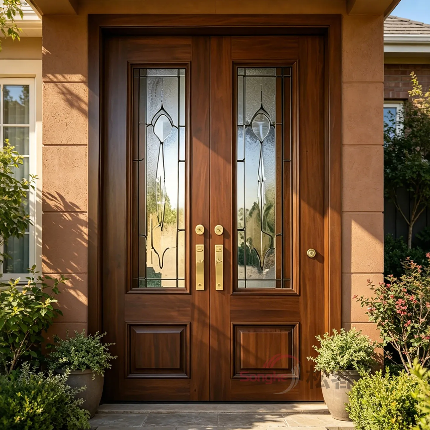Cast aluminum villa double door entry wood grain folio French glass door customization