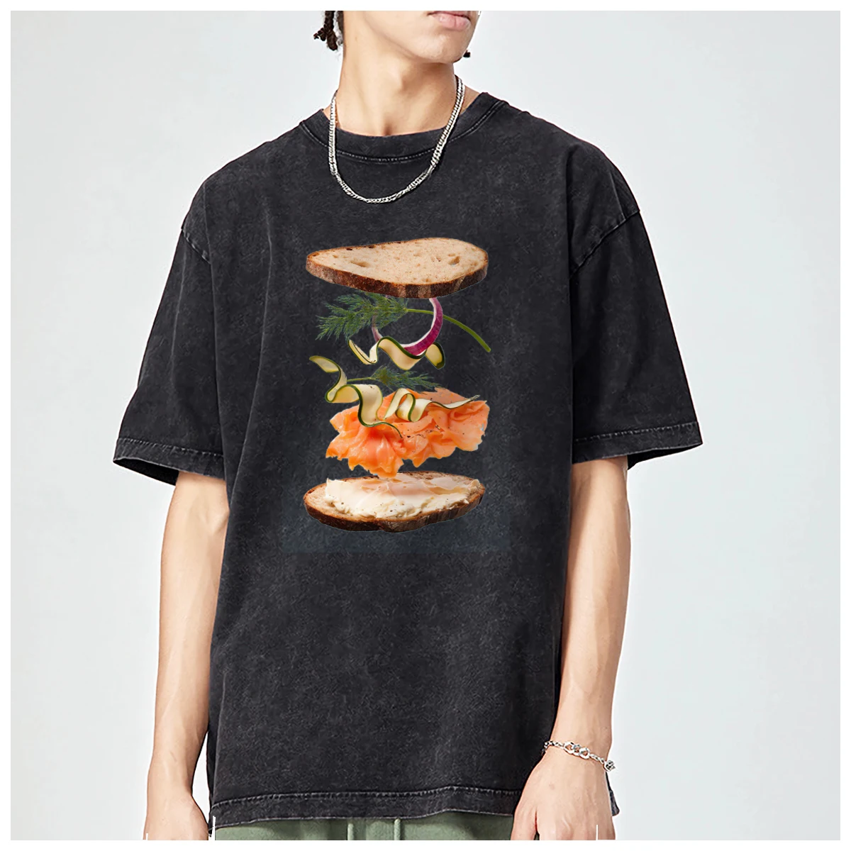 Sandwich fast food love breakfast bread American Oversized t shirt men Women Fashion Casual Vintage Washed Streetwear Cotton top