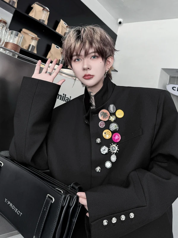 

Мужской пиджак Tangz Studio с металлическими декоративными элементами на лацканах и плечах, модный китайский стиль, повседневная одежда, длинный рукав