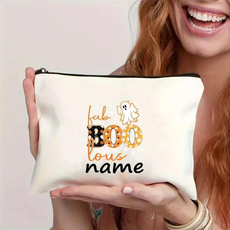 Personalized Name Halloween Ghost Canvas Zipper Bag Faboolous Spooky Ghost Pattern Portable Cosmetic Pencil Storage Pouch