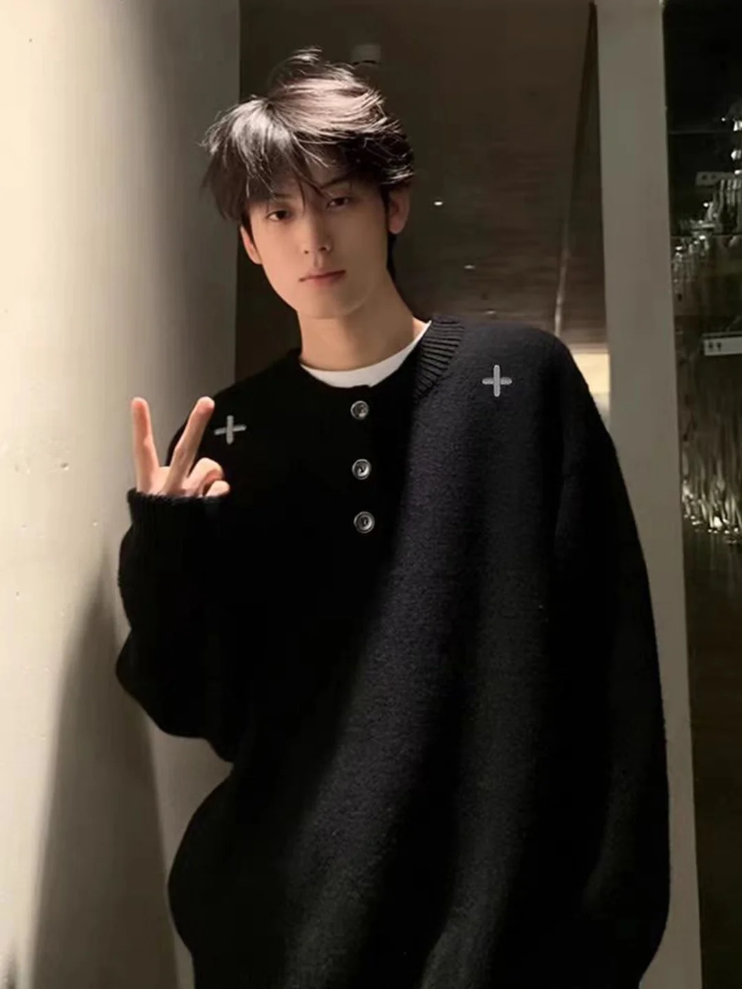 

Мужской вязаный свитер с вышивкой и воротником Хенли, осенне-зимний, свободного кроя, винтажный, с длинным рукавом, верхняя одежда, базовый слой