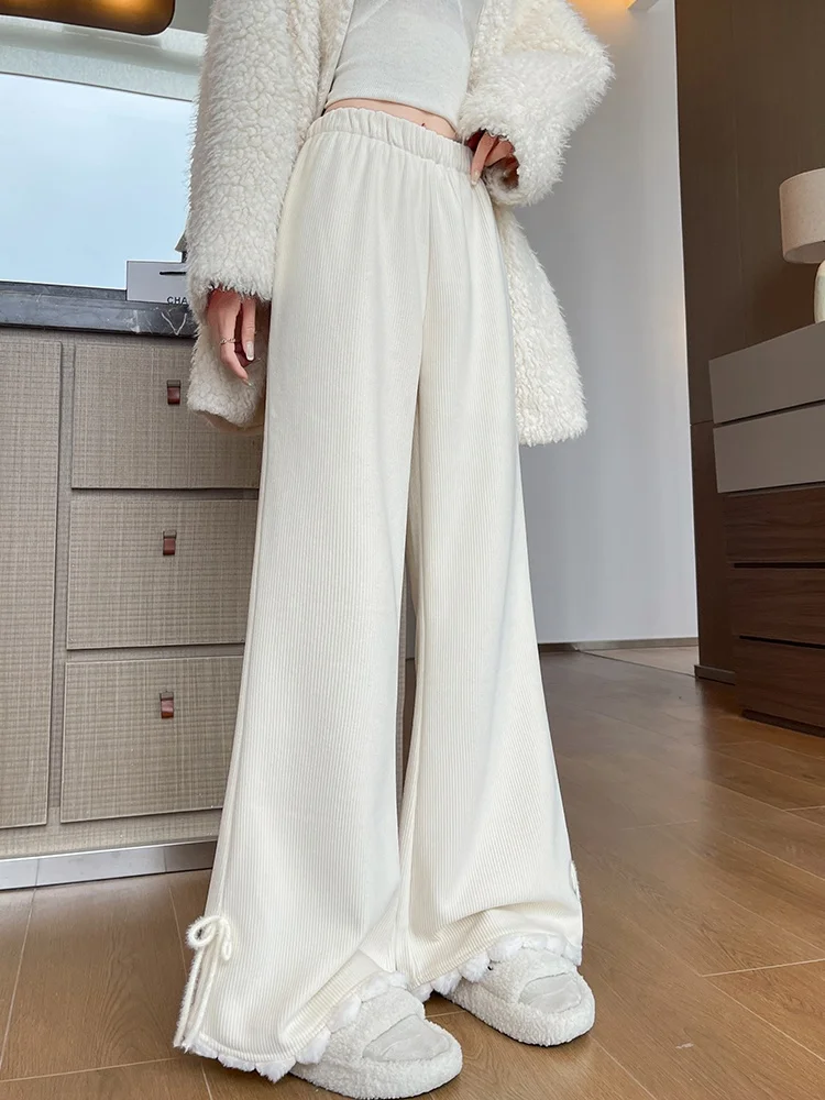 Arco em forma de lã veludo quente veludo calças largas perna para mulheres outono inverno cintura alta emagrecimento solto calças de perna reta