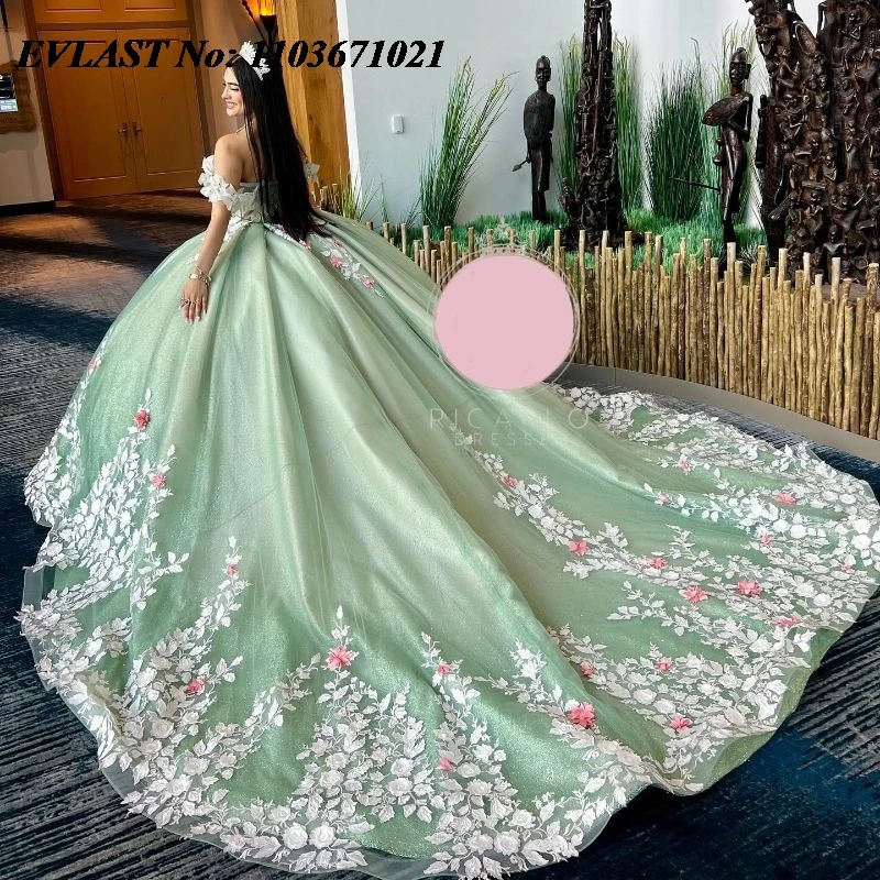 EVLAST Personalizzato Verde Salvia Abito Quinceanera Abito di Sfera Rosa 3D Applique Floreale Che Borda Dolce 16 Abiti De XV 15 Anos SQ148