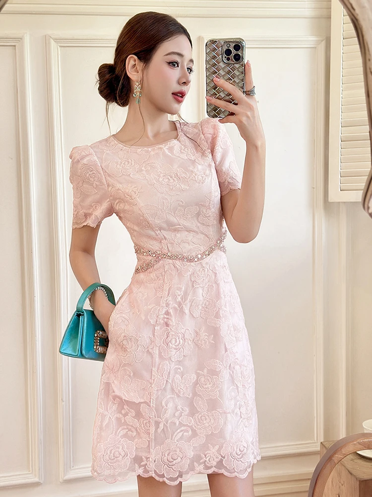 Frauen Straße Kleidung Rosa Blumen Stickerei Oansatz Schlank A-Line Kurzes Kleid Elegante Dame Party Prom Vestidos Formelle Anlässe Neue