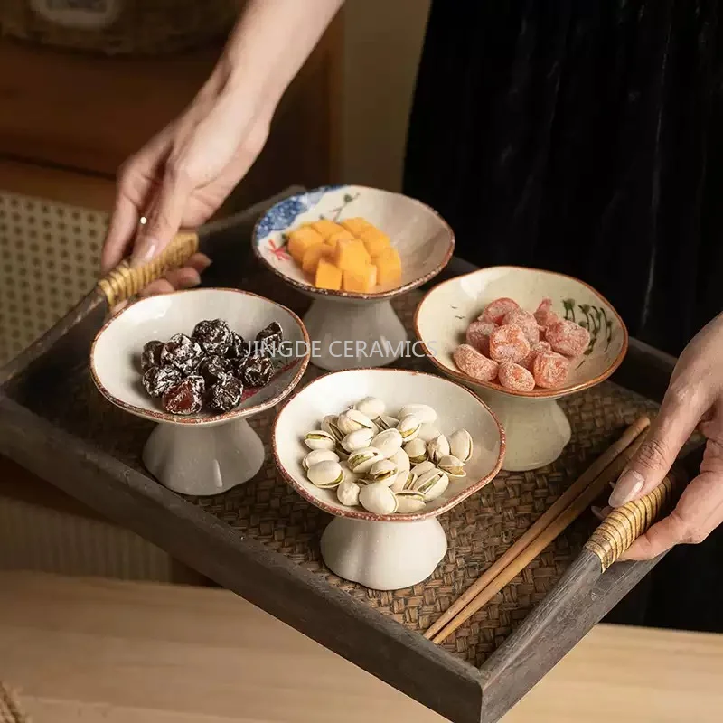 1pc Japanese Style Underglaze Painted Ceramic Plate Nut Plate High Footed Dessert/fruit Platter Home Dining Table Decoration