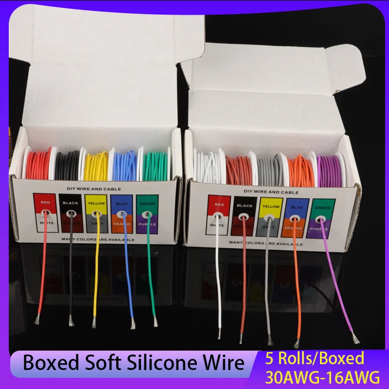 

5 Colors Mix Kit Heat Resistant Flexible Silicone Wire 30~16AWG Stranded Cable Tinned Copper Electrical Wires for DIY Projects