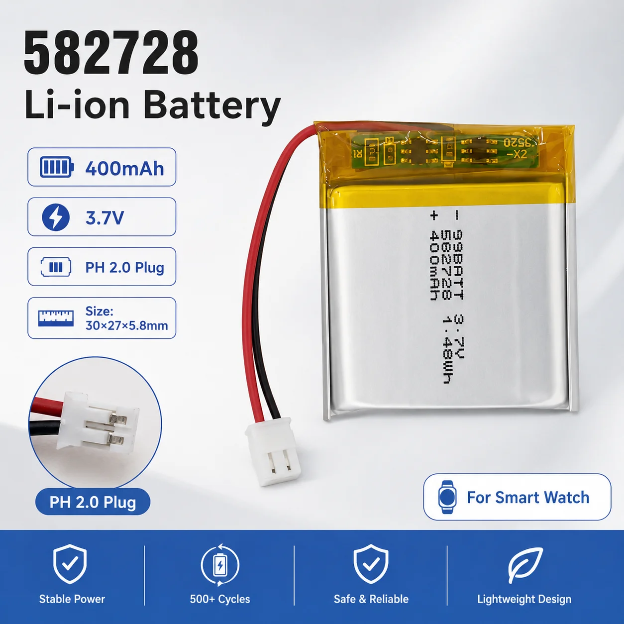 

582728 3.7V 400mAh Rechargeable Lithium Polymer Battery for GPS Tracker Smart Watch Blood Pressure Monitor