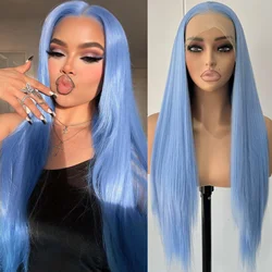 Long Silky Straight Light Blue Synthetic Hair Wigs for Women Free Part Sky Blue Colored Heat Resistant Fiber Cosplay Party Daily