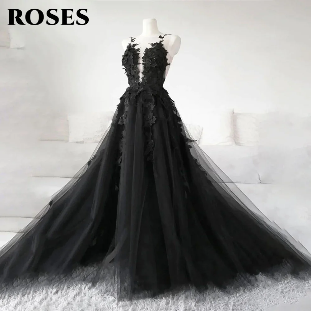 

ROSES Black Prom Dress Sexy Backless A-line Evening Dress for Woman Appliques Lace Formal Party Gowns Robe De Soirée Customized