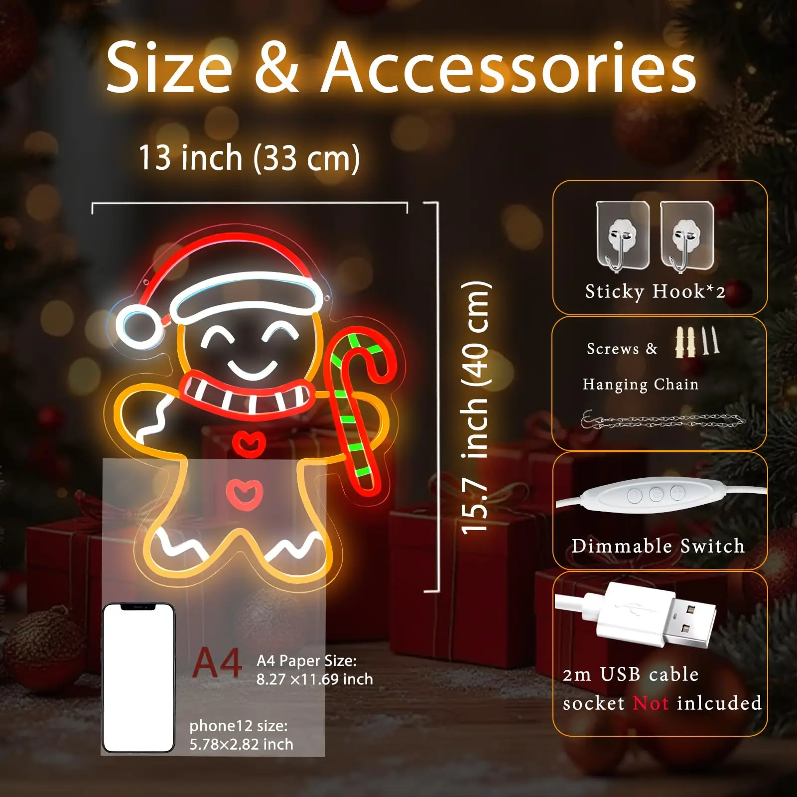 عيد الميلاد الزنجبيل رجل النيون تسجيل عكس الضوء LED أضواء النيون جدار ديكور لعيد الميلاد عيد الميلاد حفلة غرفة المعيشة غرفة نوم الاطفال هدية P