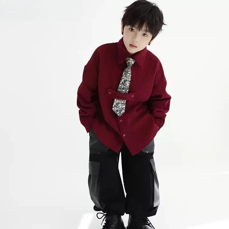 New Year's Celebration Attire Boy's Corduroy Jacket Autumn Winter 2025 Medium-Large Kids Thermal Fleece Lining Double-Layer Coat