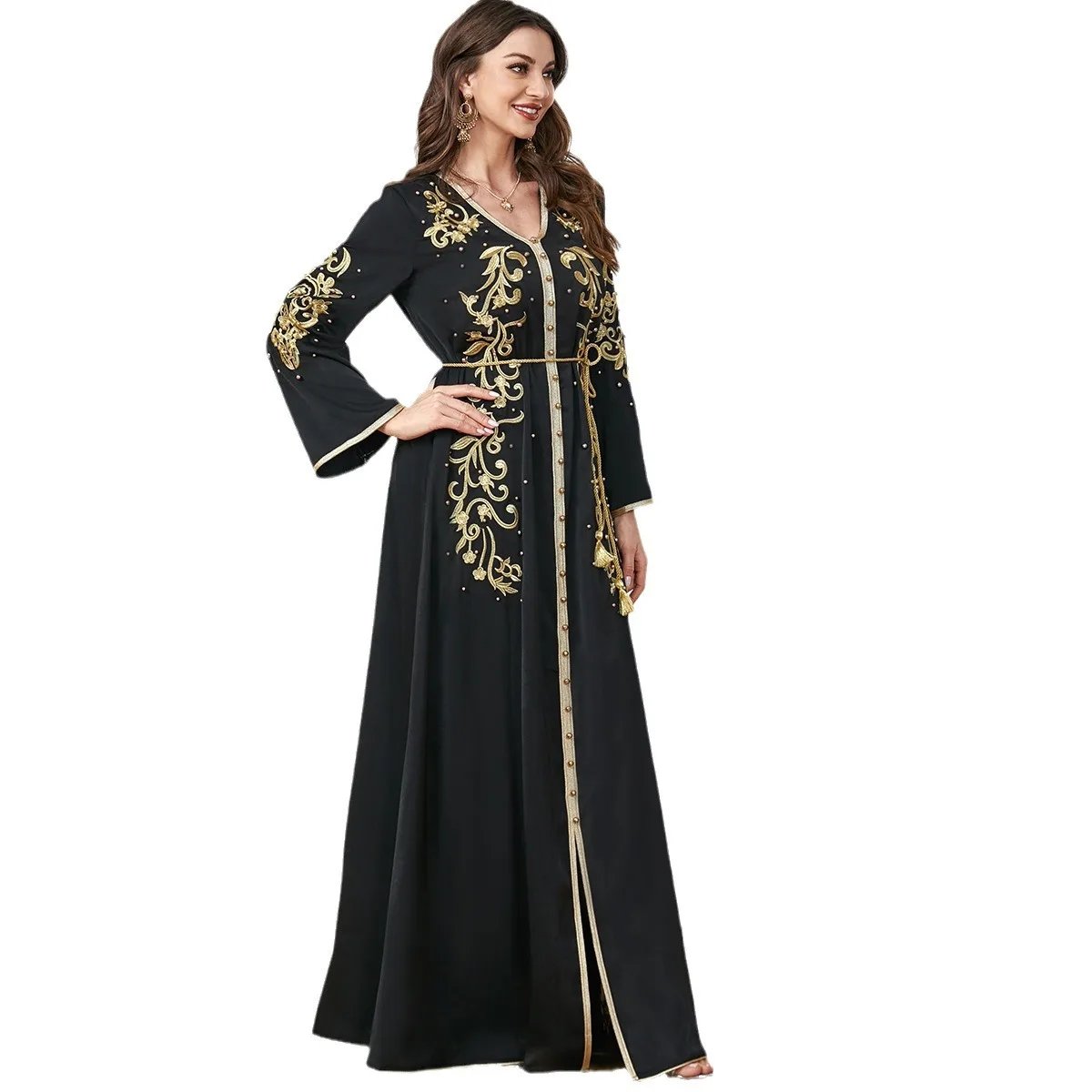 Abaya, abbigliamento donna turco, abito lungo musulmano in arabo, abito lungo Dubai Juba, abito con scollo a v e ricamato M-XXL