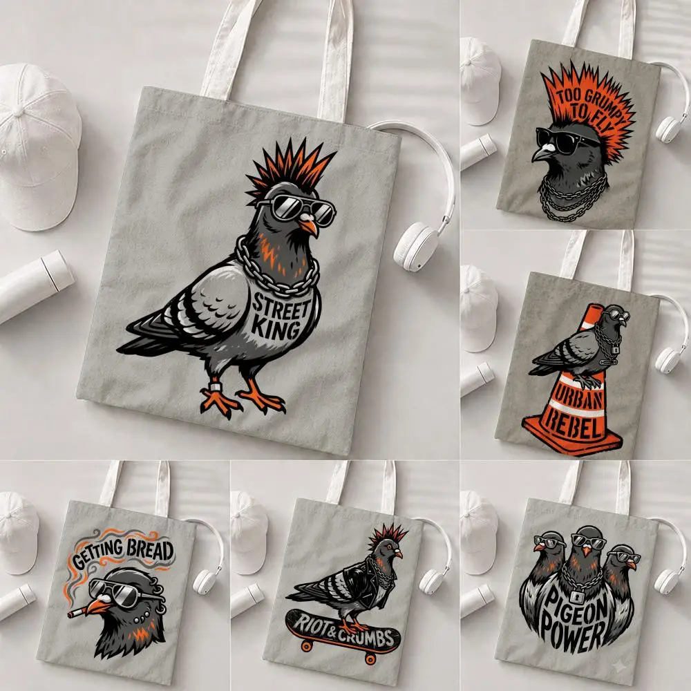Bolsa de lona plegable ligera con diseño de paloma punk con gafas de sol, bolsa de compras reutilizable con correa