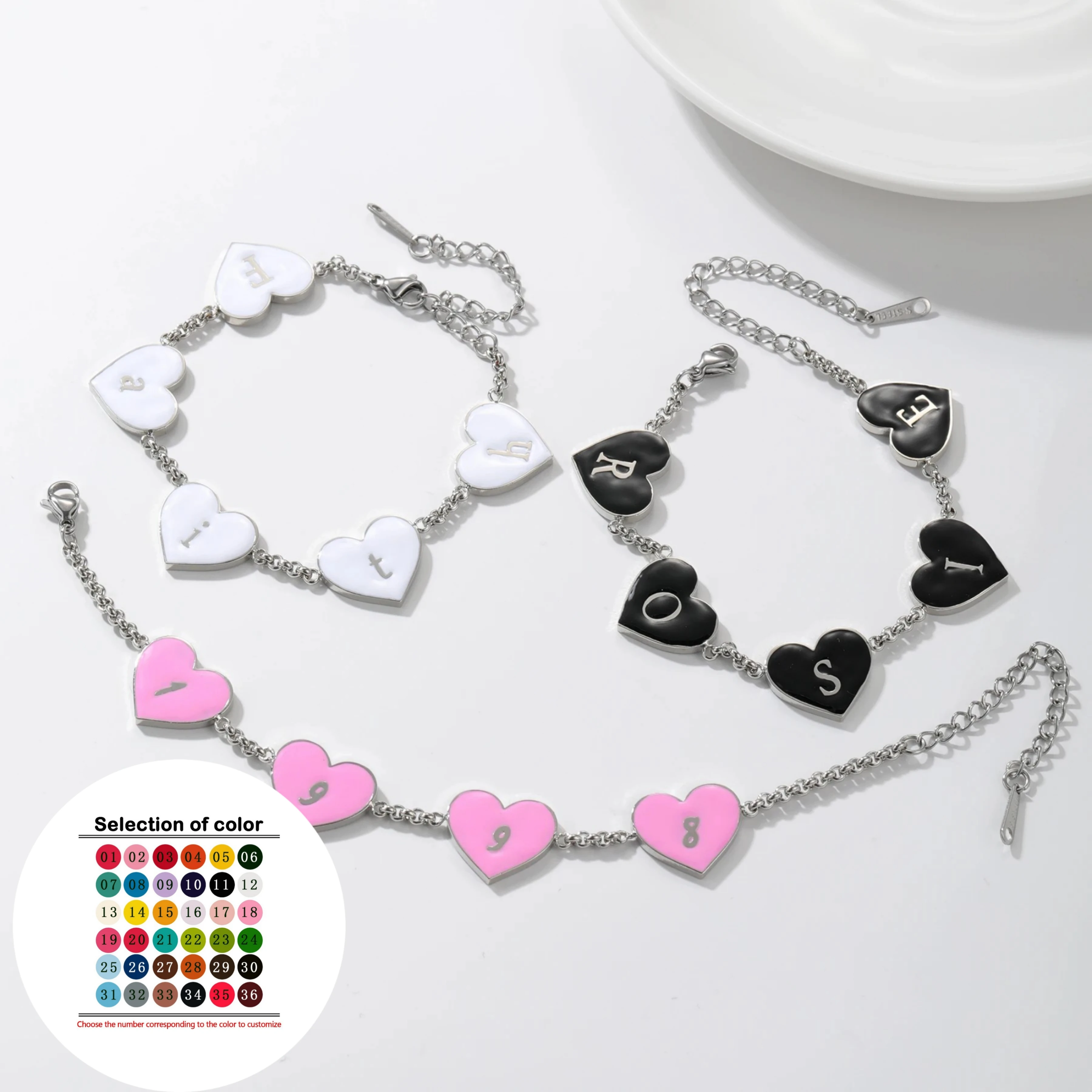 

Hot Selling Custom Name Heart Spatter Bracelet Personalized Stainless Steel Ladies Enamel Bracelet Birthday Gift For Women