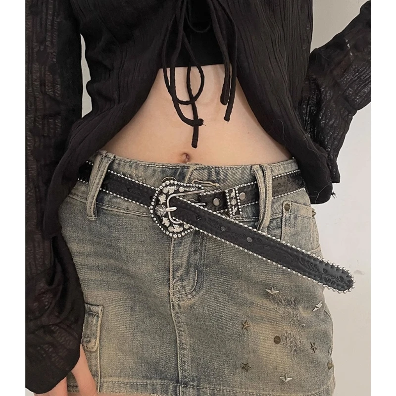 Rivet Buckle Belt for Women Embossed Pattern Pin Buckle Waist Belt for Teens Girl Female Shorts Belt Cool Cowgirl Belt