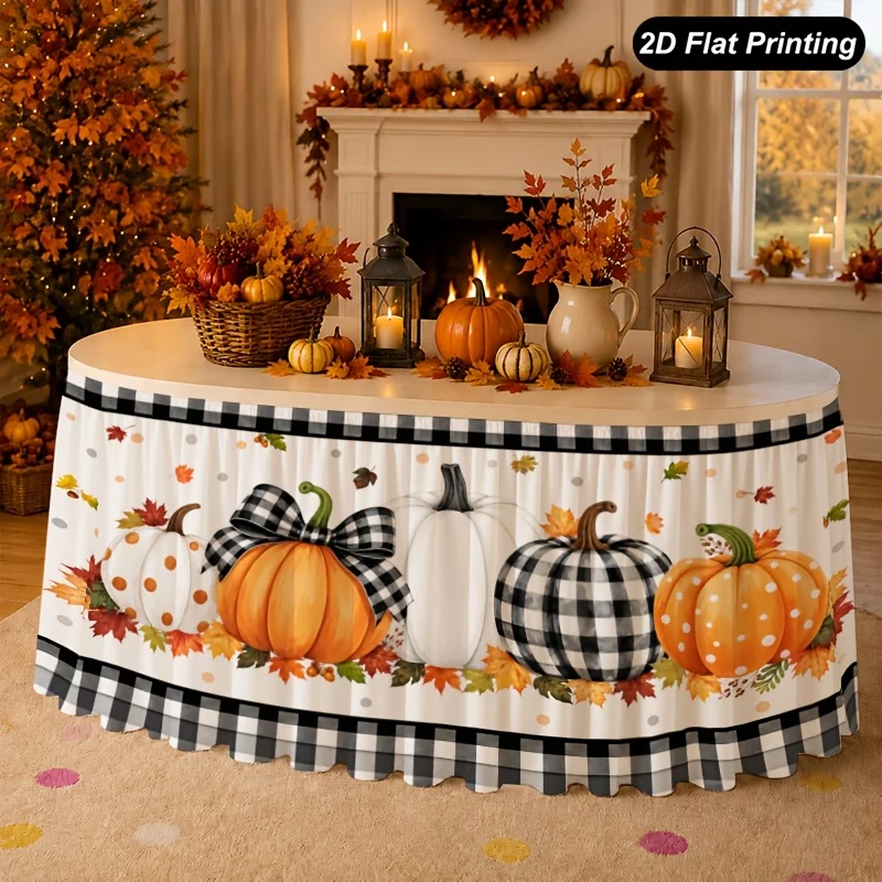 One-piece 2D flat autumn table flag with pumpkin buffalo pattern tablecloth, suitable for family kitchen for Thanksgiving Day