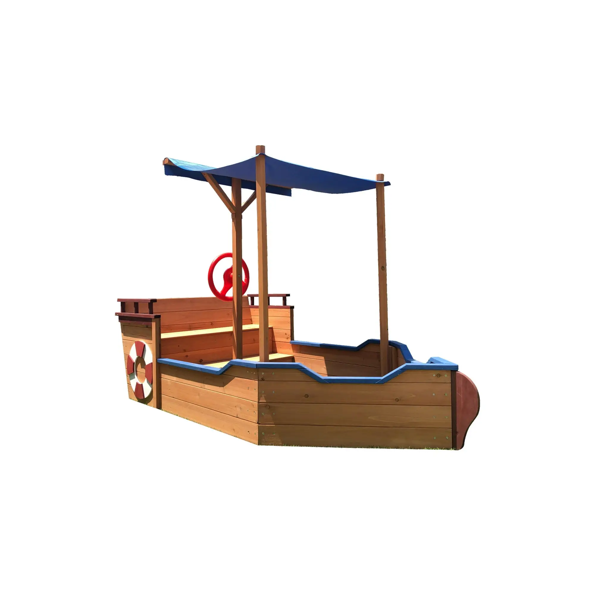 Pirate Ship Sandbox with Cover and Rudder, Wooden Sandbox with Storage Bench and Seat, Outdoor Toy for Kids Ages 3-8 Years Old