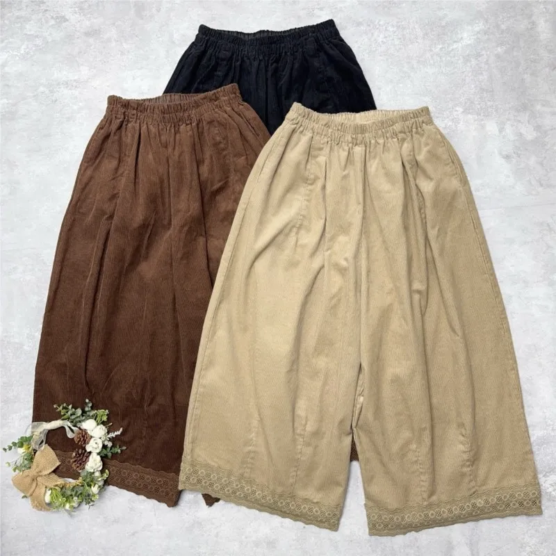 

Johnature Cotton Corduroy Wide-leg Pants New Spring Autumn Lace Trim Loose Casual Elastic Waist Women Pants