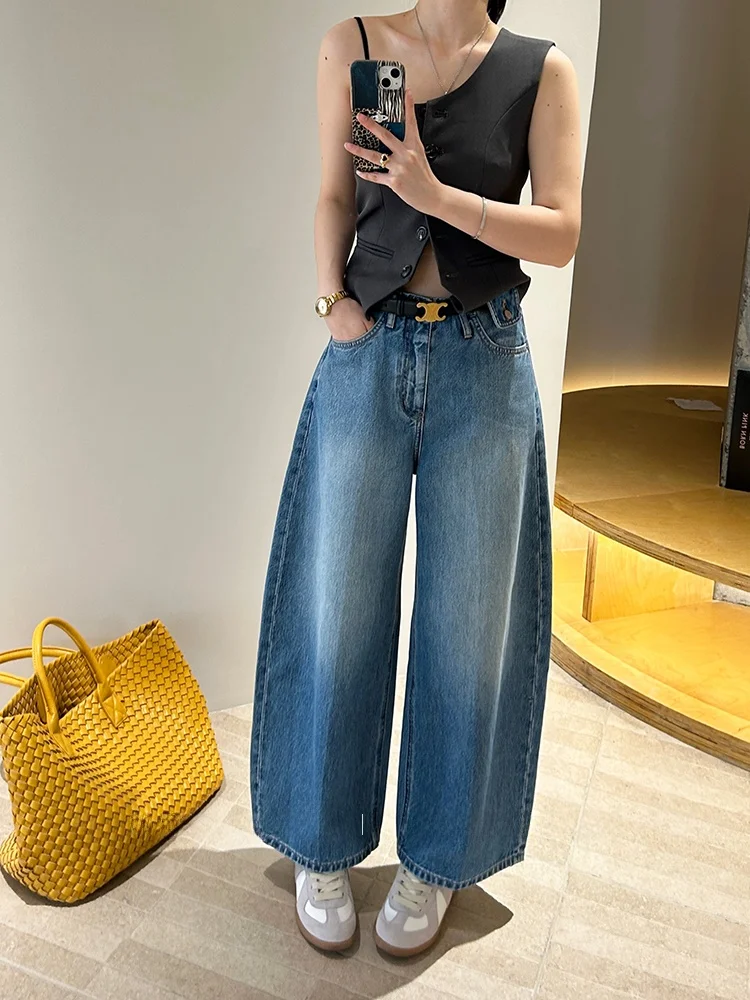 

High Waist Wide Leg Blue Jeans Women's Spring 2026 New Style Scythe Pants Retro Washed Cotton Denim Anti-Wrinkle Commute
