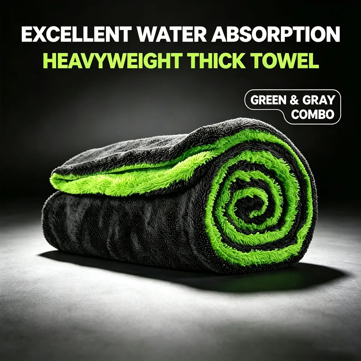 New Green Gray Dual-Sided Car Towel, Thick Heavy High-Density Weaving Microfiber, Double Water Absorption