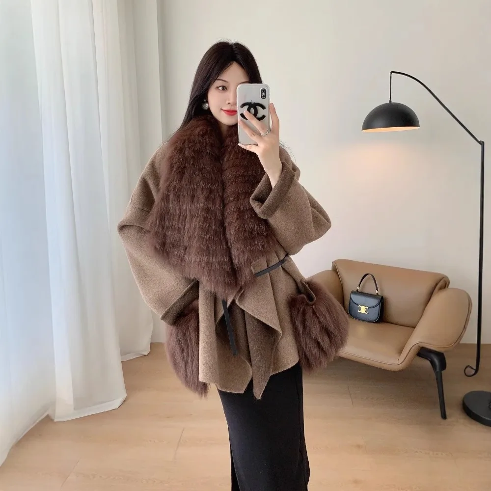 Modny, dwustronny płaszcz kaszmirowy damski z wysokiej jakości futrzanym kołnierzem z lisa, krótki wełniany płaszcz z prawdziwego futra, streetwear - hit sprzedaży.
