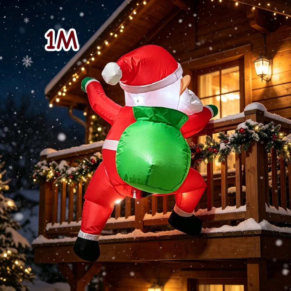 3.3FT 1M Hanging Inflatable Climbing Santa Claus With Gift Bag Built in LED Lighting Suitable For Store Window Wall Decoration