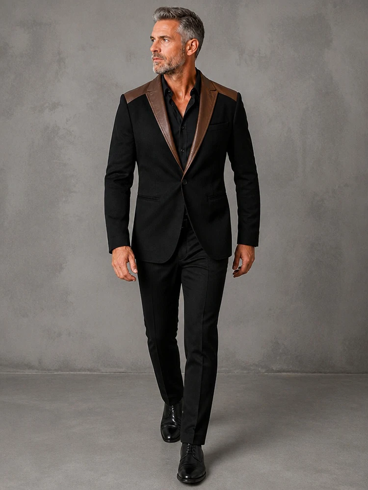 Men's Classic Business Casual Slim Fit Suit Jacket Black Brown Faux Leather Suede Blazer for Daily Work Party with Chest Pocket