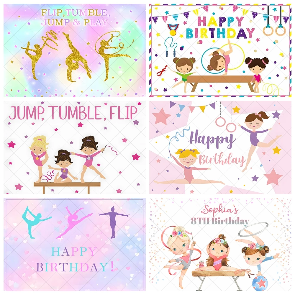 

Gymnastics Girls Photography Background Custom Kids Birthday Party Backdrop Banner Gymnasts Tumbling Flip Jump Decoration Props