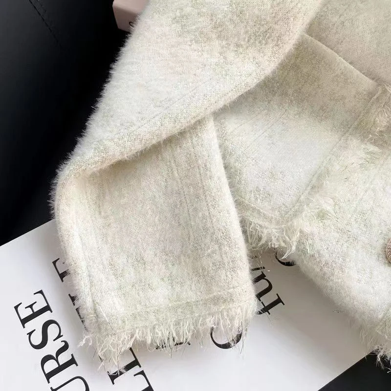 Gidyq Autumn Tassel V Neck Cardigan Women White Elegant Knitted Crop Tops French Chic Single Breasted Black Ladies Jacket Winter