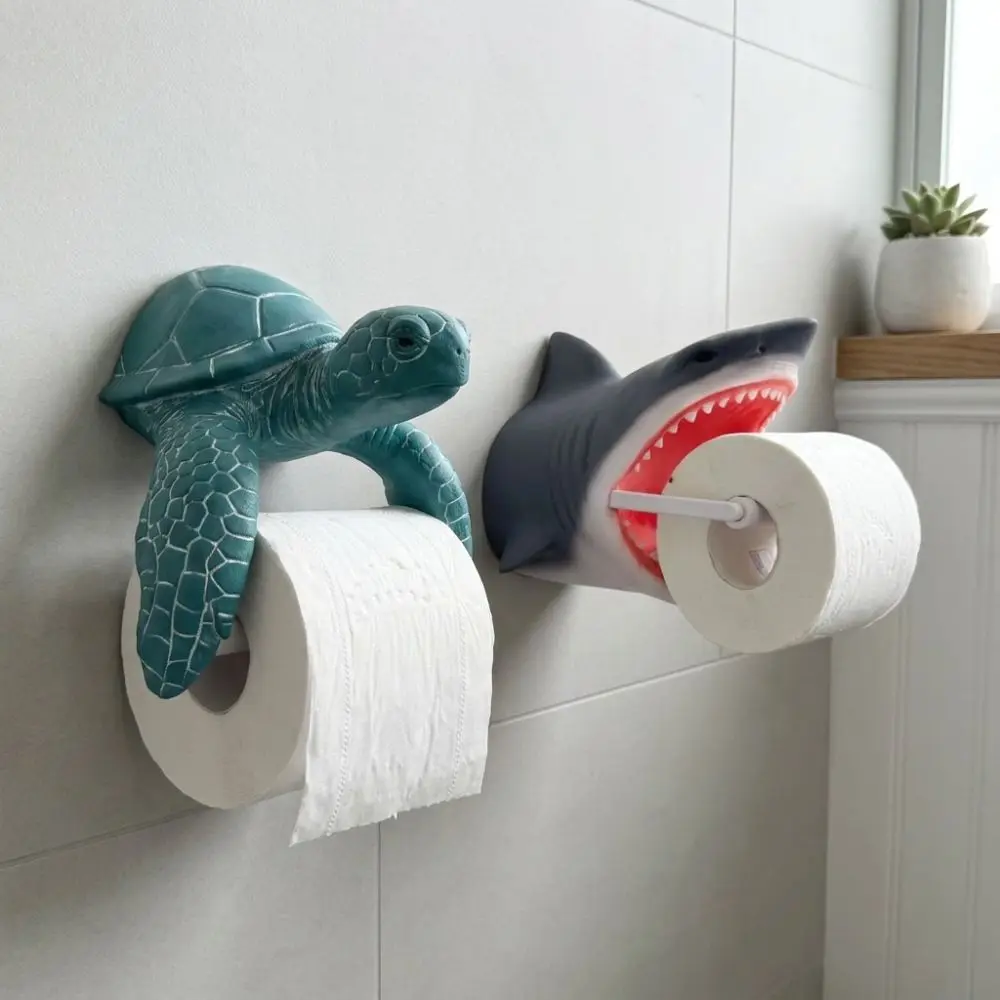 Funny Shark Turtle Toilet Paper Holder Wall Mounted Resin Toilet Tissue Rack Ocean Animal Coastal Style Tissue Roll Holder Home