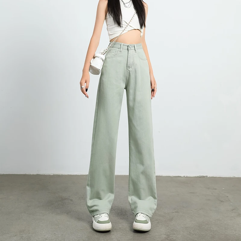 OUSSYU Brand Woman Jeans High Waist Wide Leg Cotton Denim Clothing Blue White Streetwear Vintage Fashion Harajuku Straight Pants